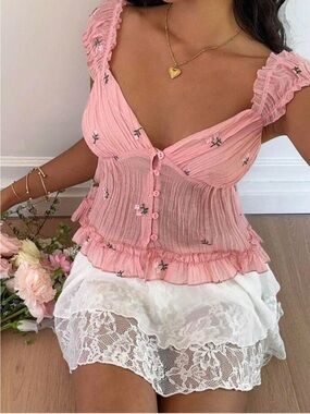 Romantic Pink Ruffle Button-Front Cami Top